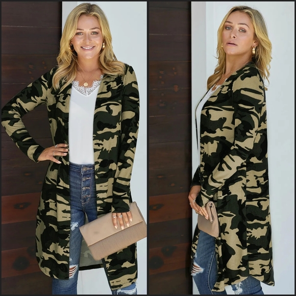 Green Camouflage Open Front Longline Cardigan - Picture 5 of 5